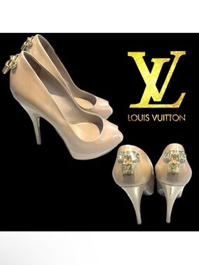 Louis Vuitton Heels Nude Beige Patent Leather LV Lock Stilettos Pumps Oh Really